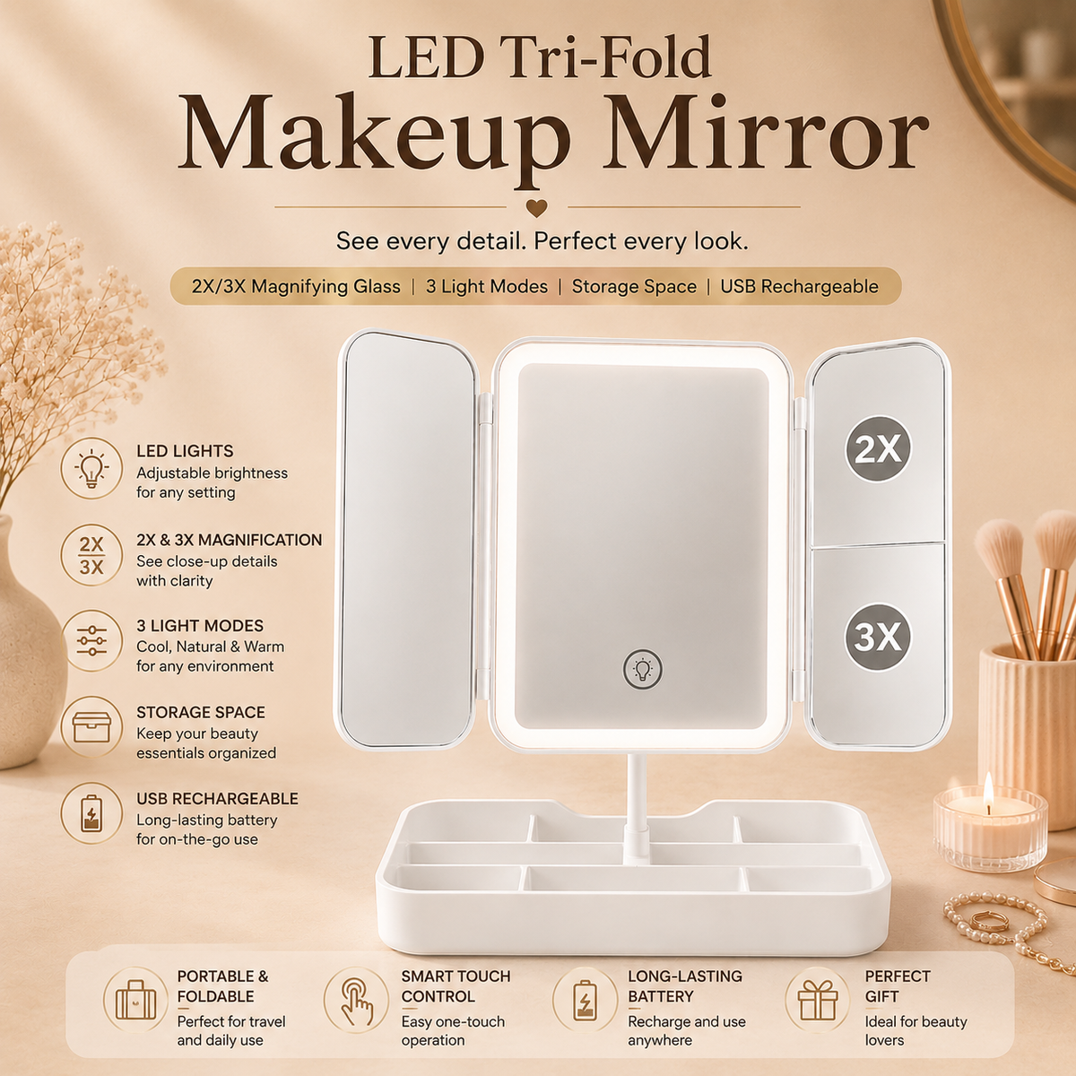 Glowth LED Tri-Fold Makeup Mirror features overview
