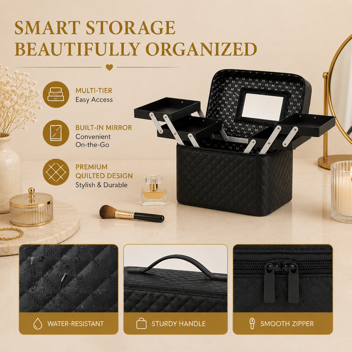 Glowth Quilted Makeup Storage Case smart storage features