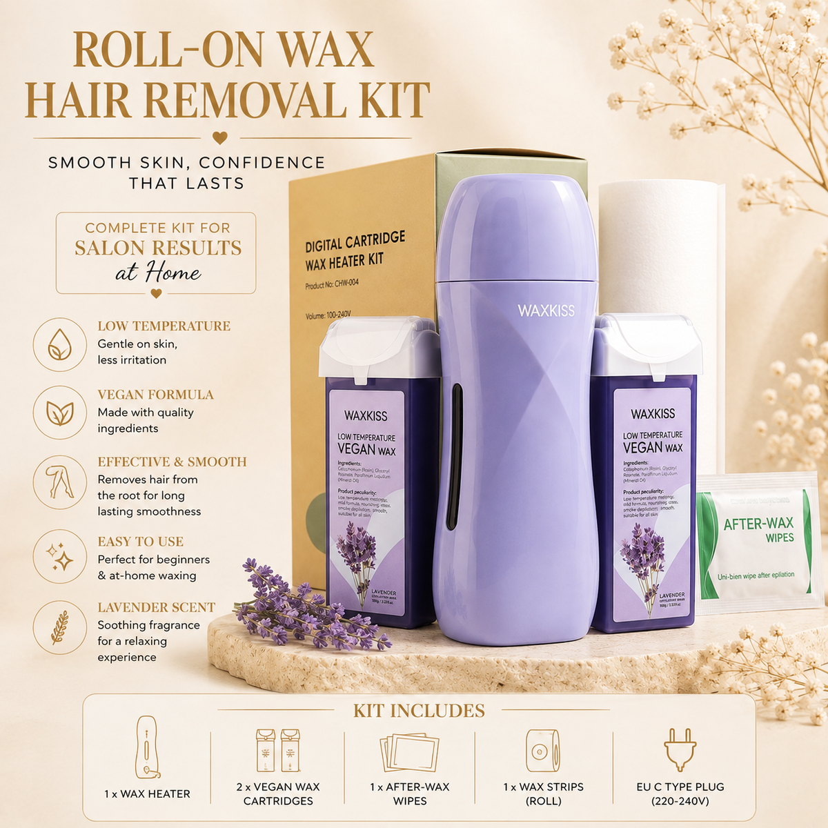 Roll-on wax hair removal kit, smooth skin confidence that lasts