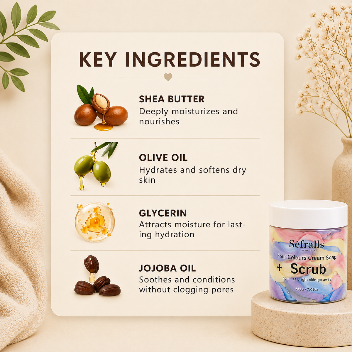 Glowth Four Colours Cream Soap + Scrub key ingredients