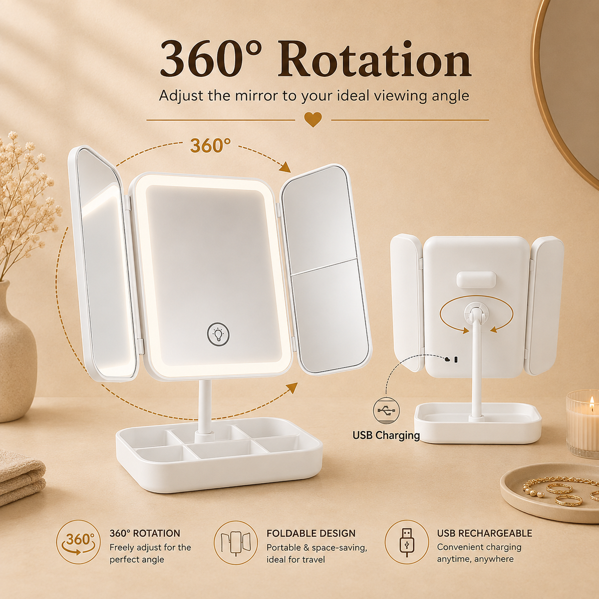 Glowth LED Tri-Fold Makeup Mirror 360 rotation