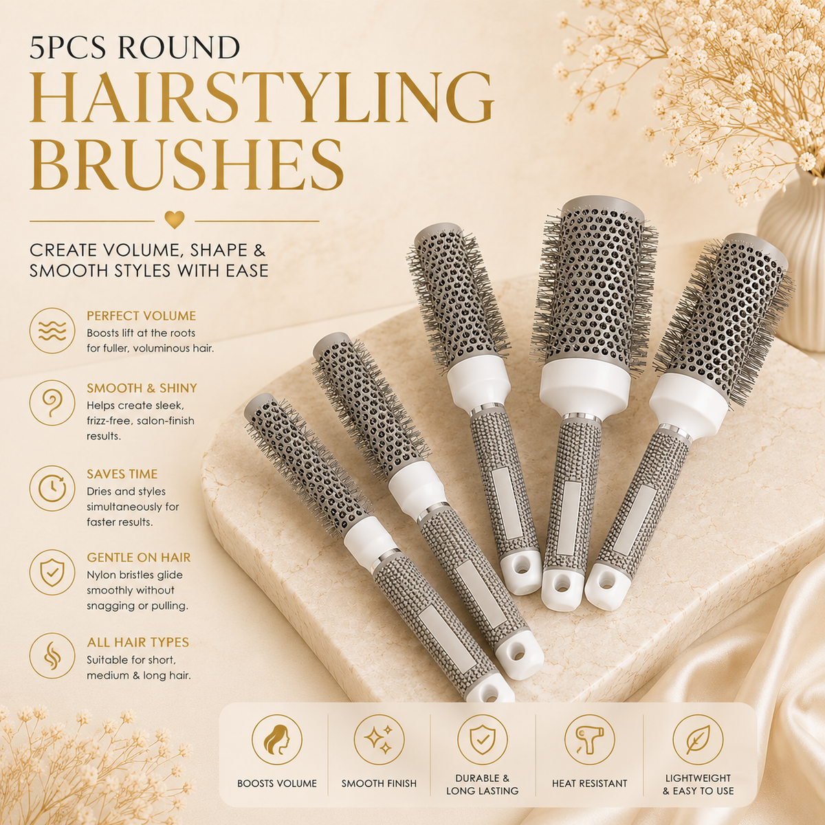 Glowth 5pcs Round Hairstyling Brush Set features