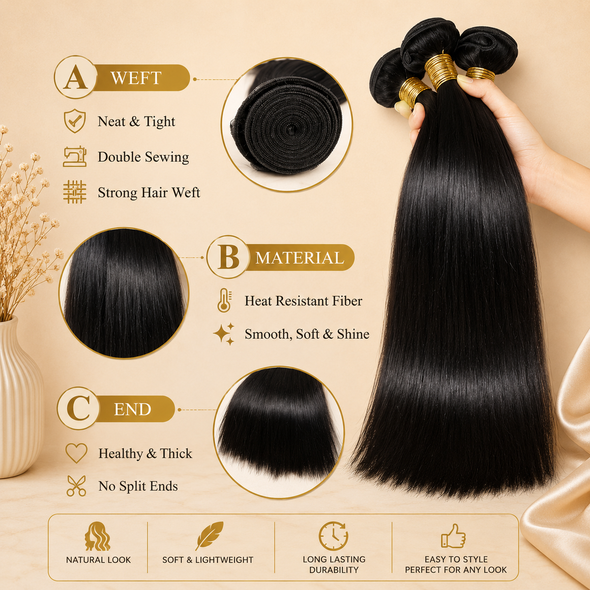 Glowth Yaki Straight Synthetic Hair Bundles weft, material and end details