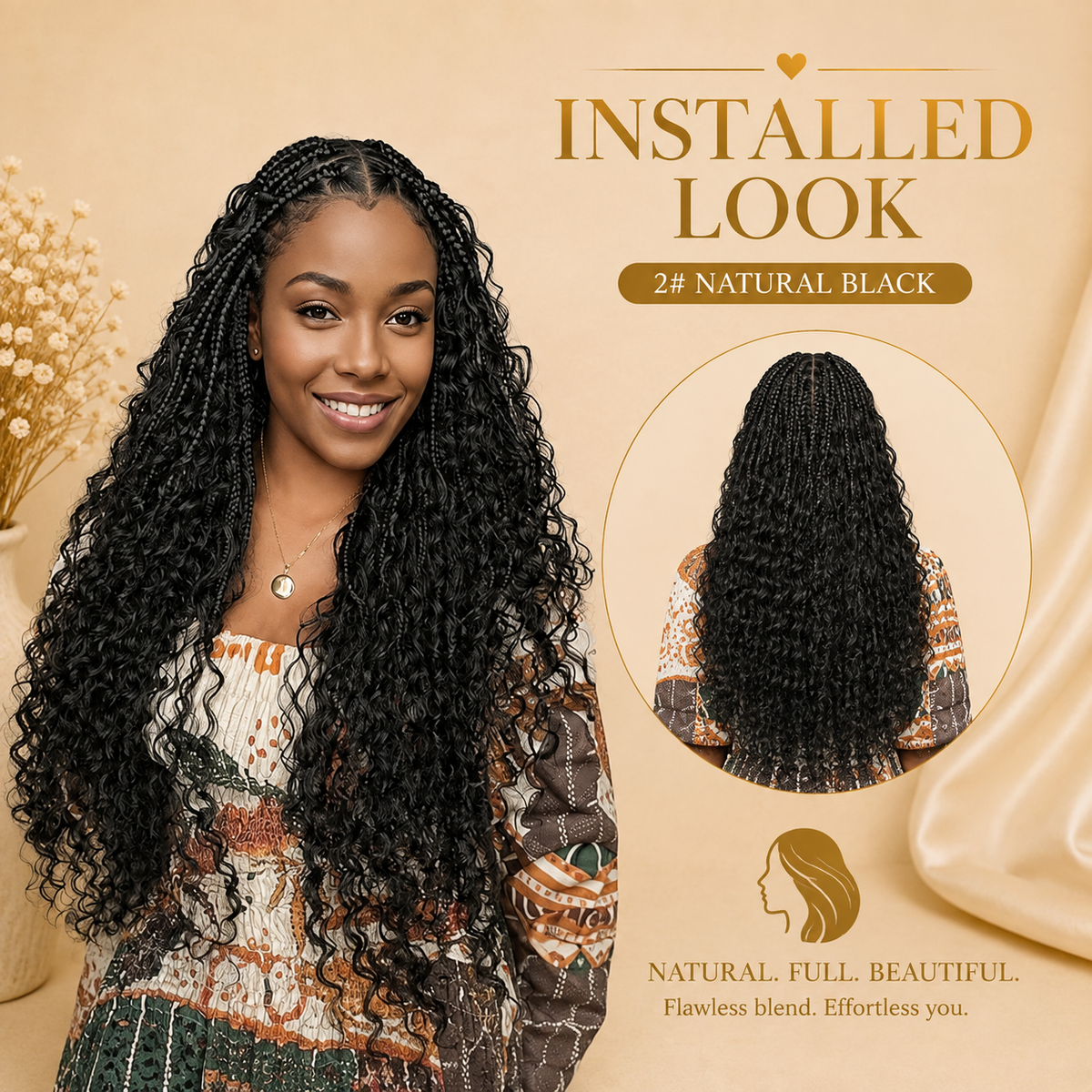 Glowth Bohemian Hair installed look, Natural Black