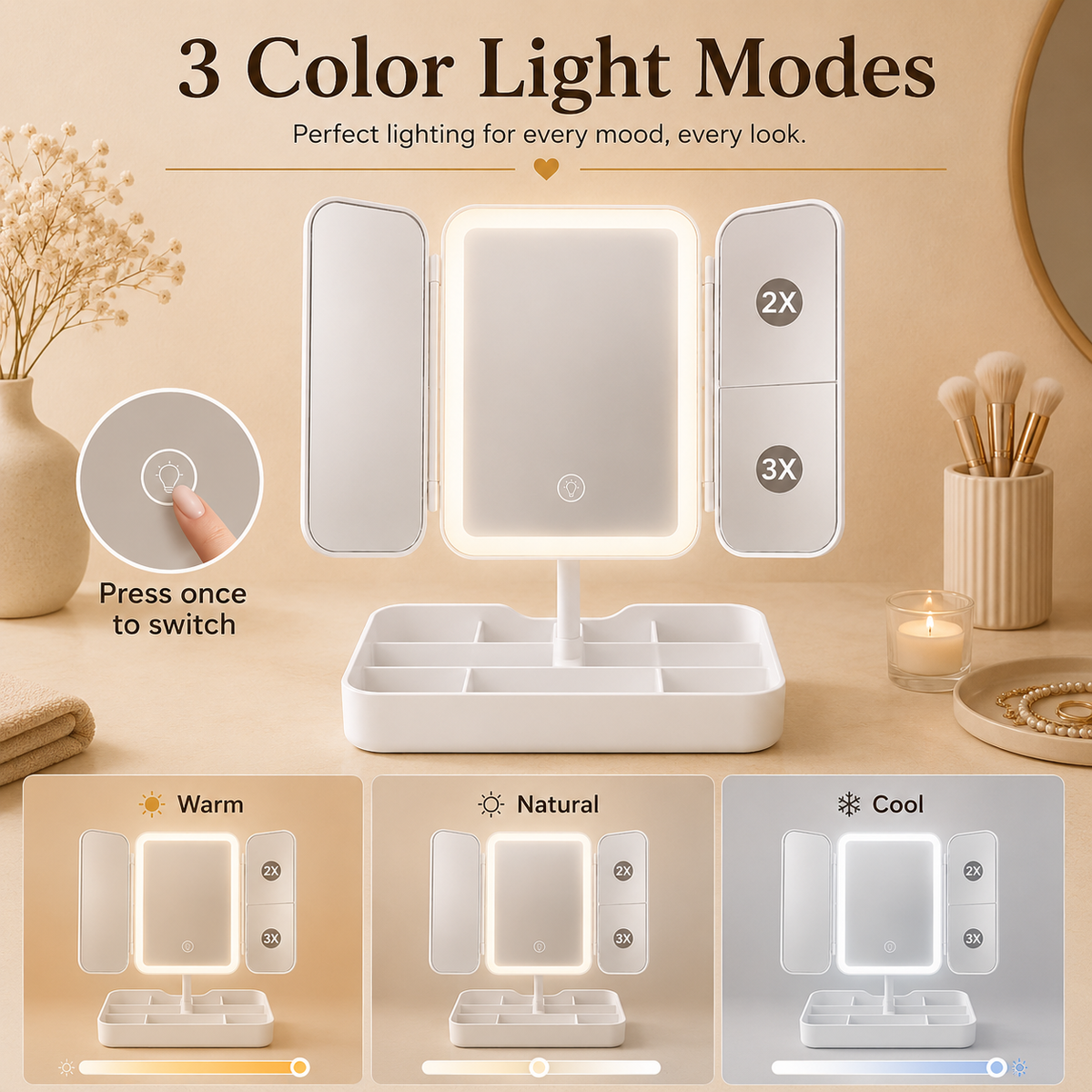 Glowth LED Tri-Fold Makeup Mirror 3 color light modes