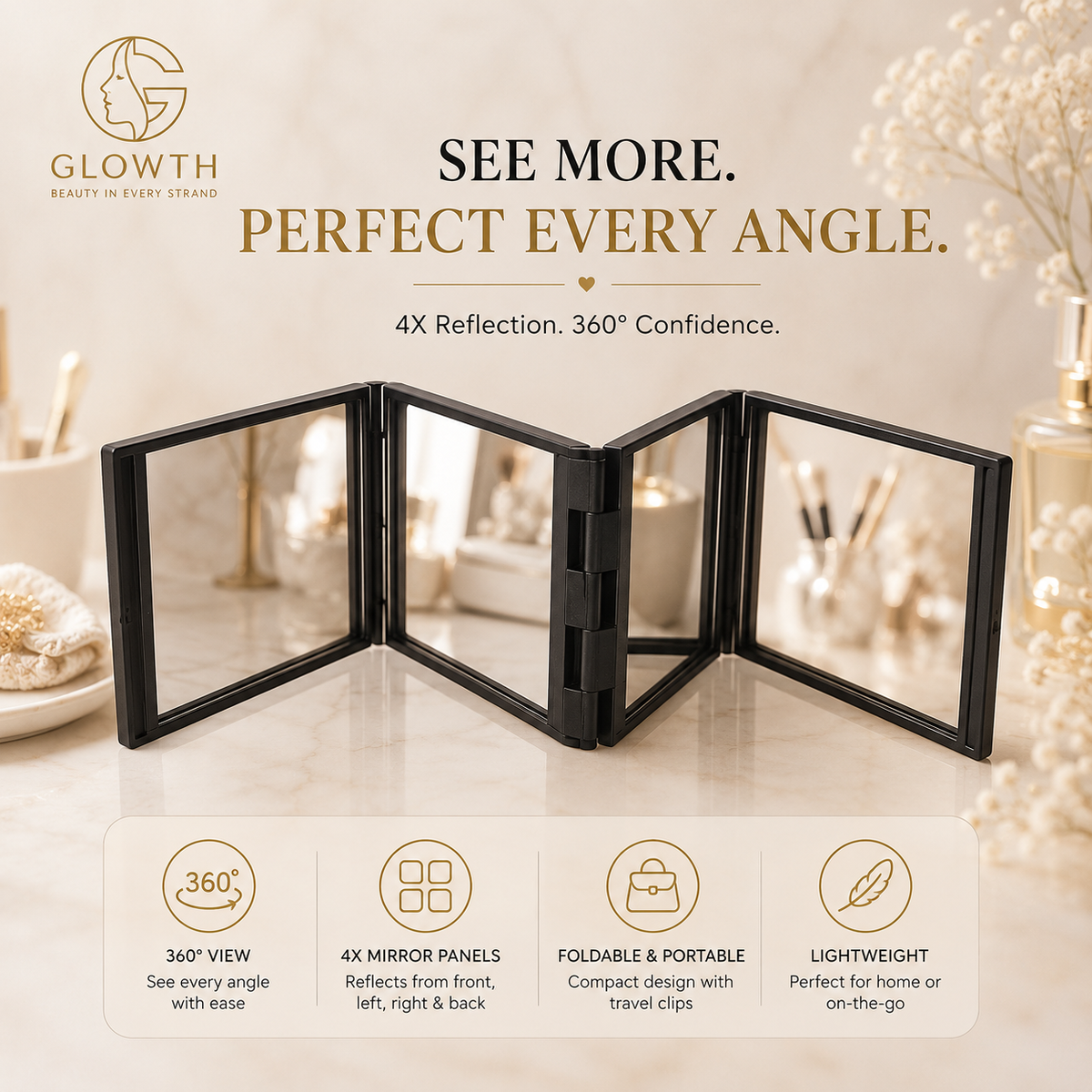 4X Folding Travel Mirror features