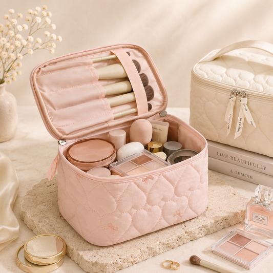 Glowth quilted makeup bag, open with contents