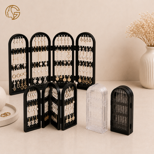 Foldable earring display stand in black and transparent