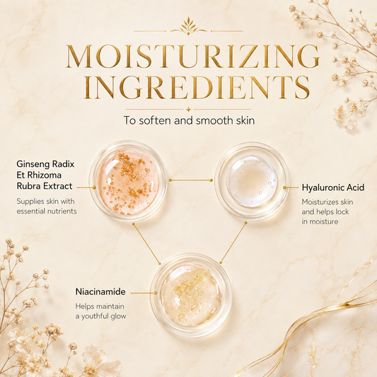 Moisturizing ingredients, ginseng radix, hyaluronic acid, niacinamide