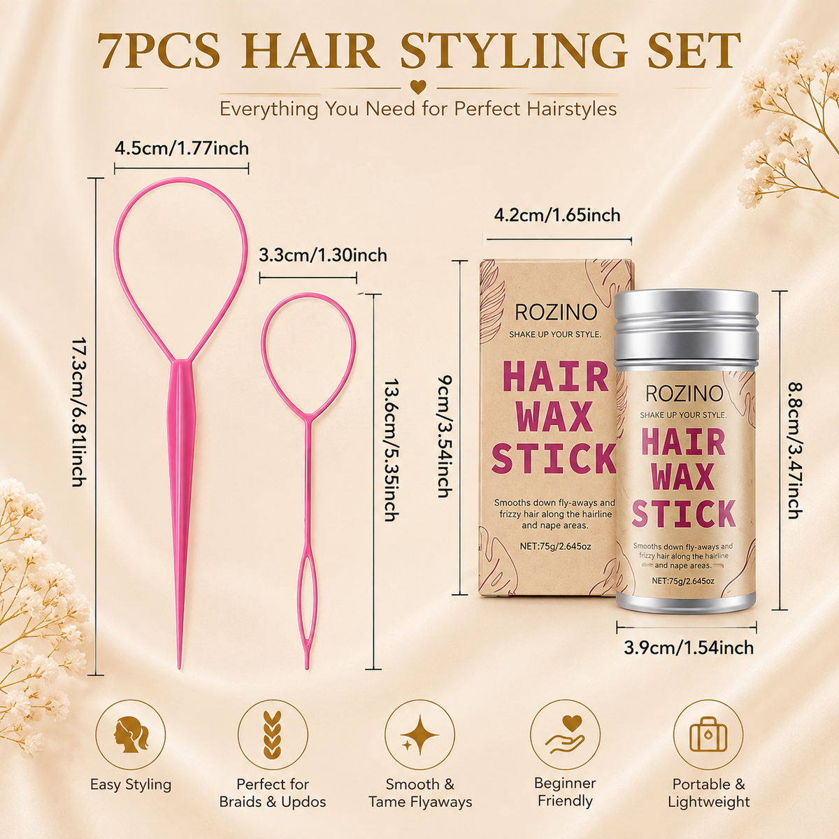 Glowth ROZINO 7pcs Hair Styling Set dimensions - brush and comb